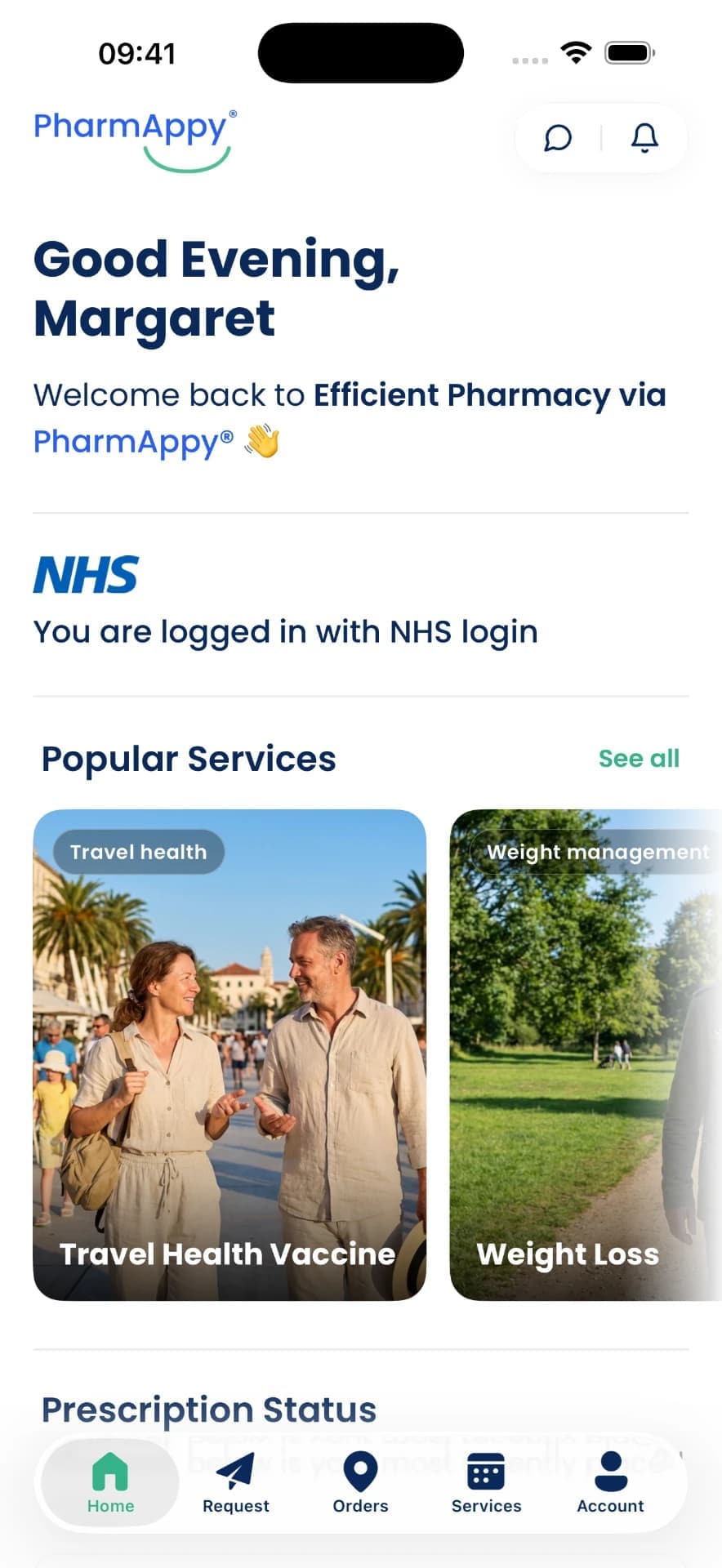 Malpas Pharmacy patient app home screen showing prescription status and services